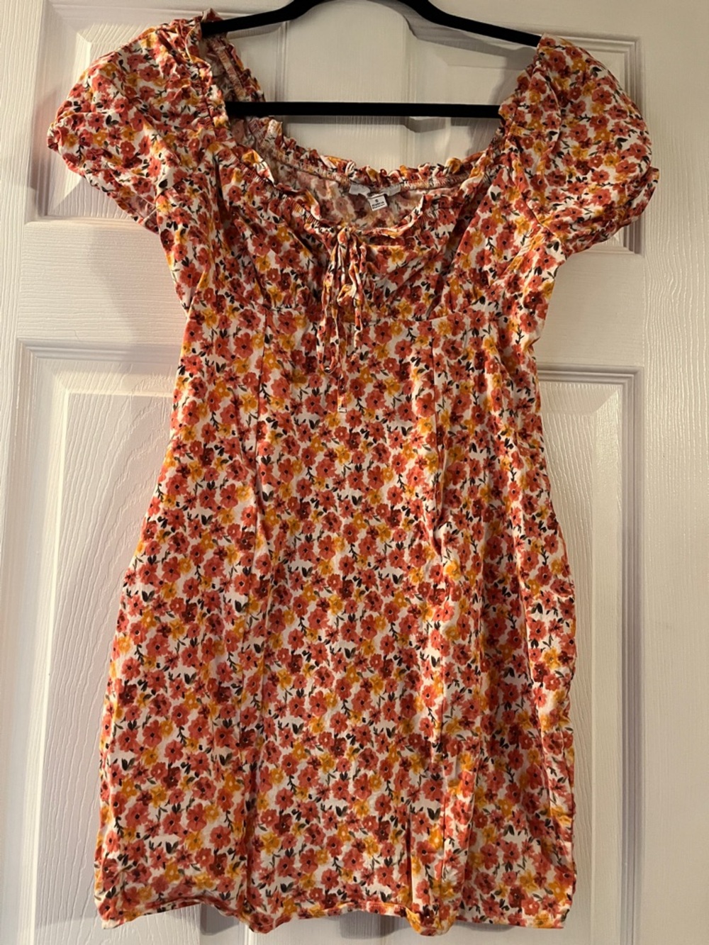 Floral Puff-Sleeve Mini Dress in Orange Pink